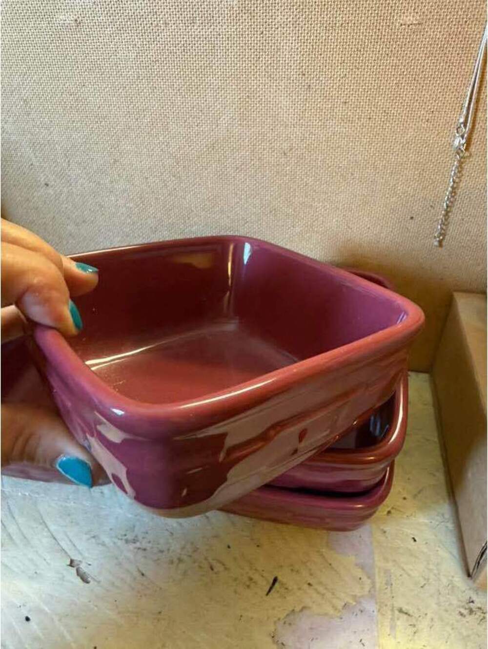 (1) Longaberger Woven Traditions square cereal bowls in the Paprika red color.